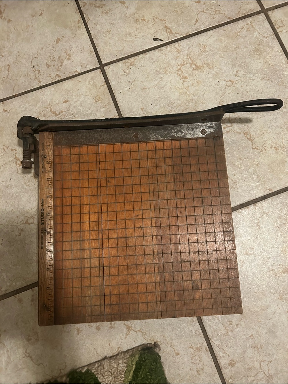Antique Milton Bradley “Studio” Wood & Cast Iron Paper Cutter – Rustic Decor
